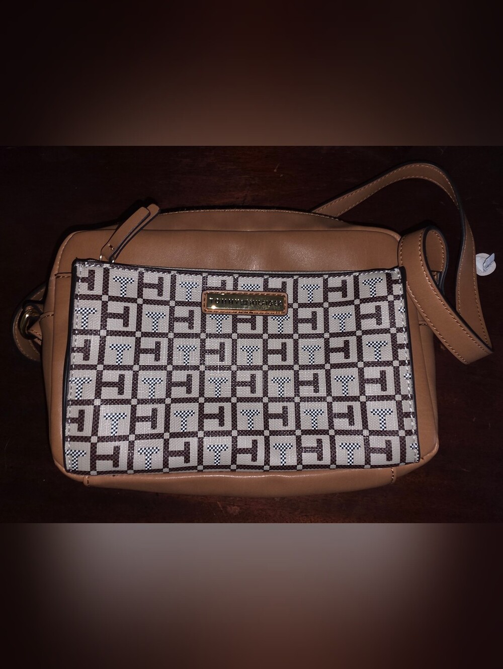 Tommy Hilfiger Tan and Brown Monogram Crossbody Bag